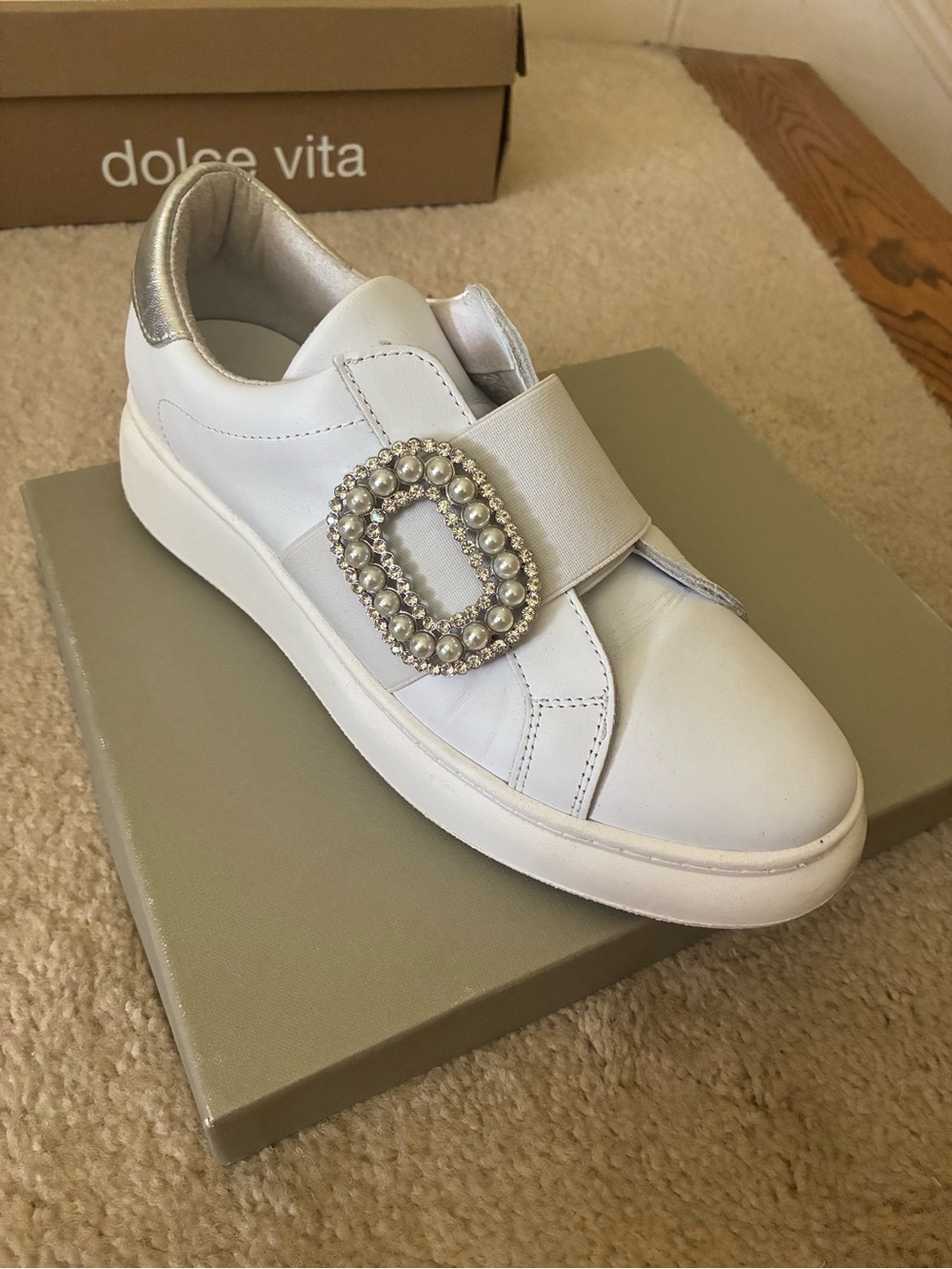 Méline White Leather Slip-On Sneaker with Pearl & Rhinestone Buckle